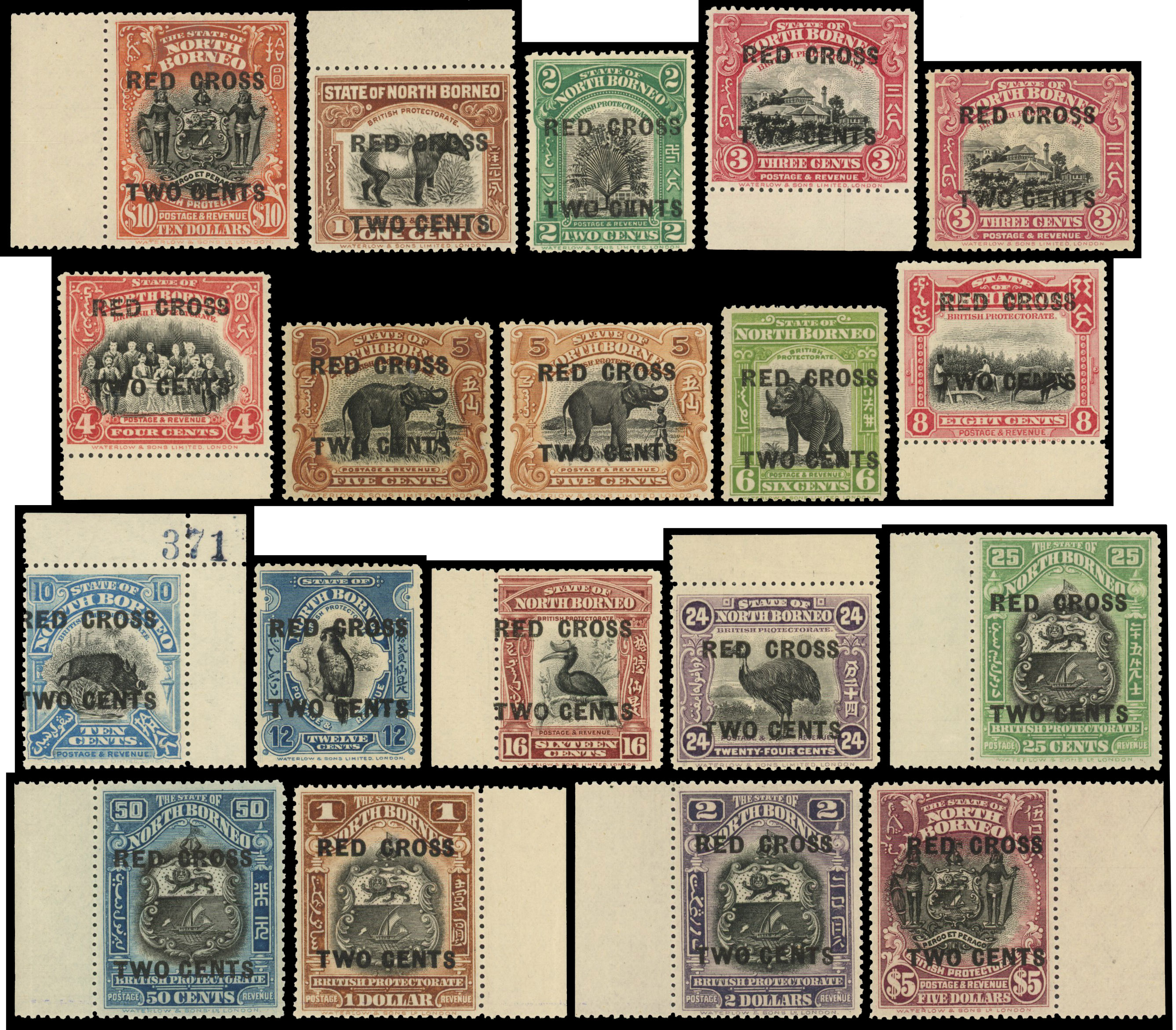 North Borneo 1918 RED CROSS / TWO CENTS set to $10 plus extras