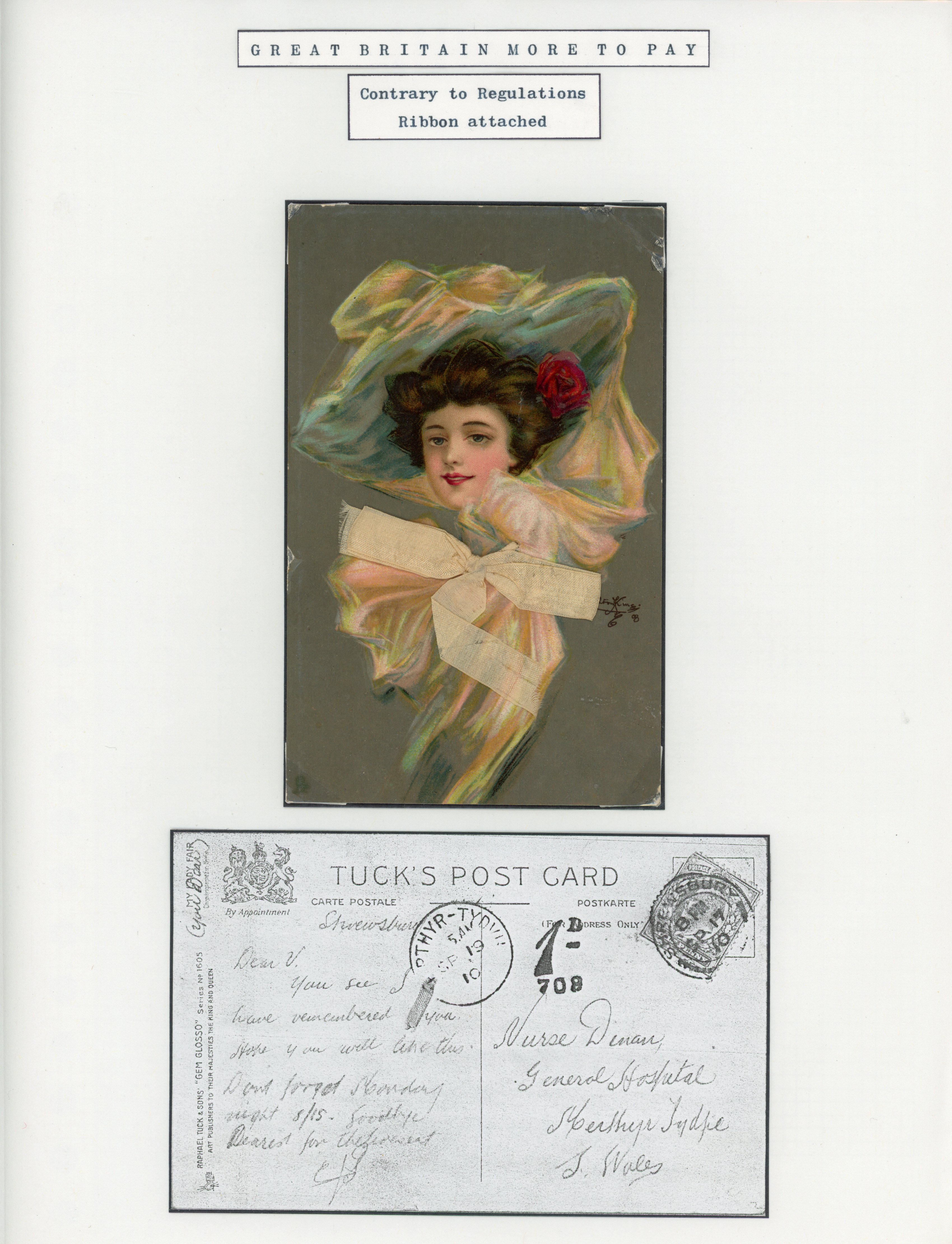 Great Britain 1910 novelty postcard with ribbon attached