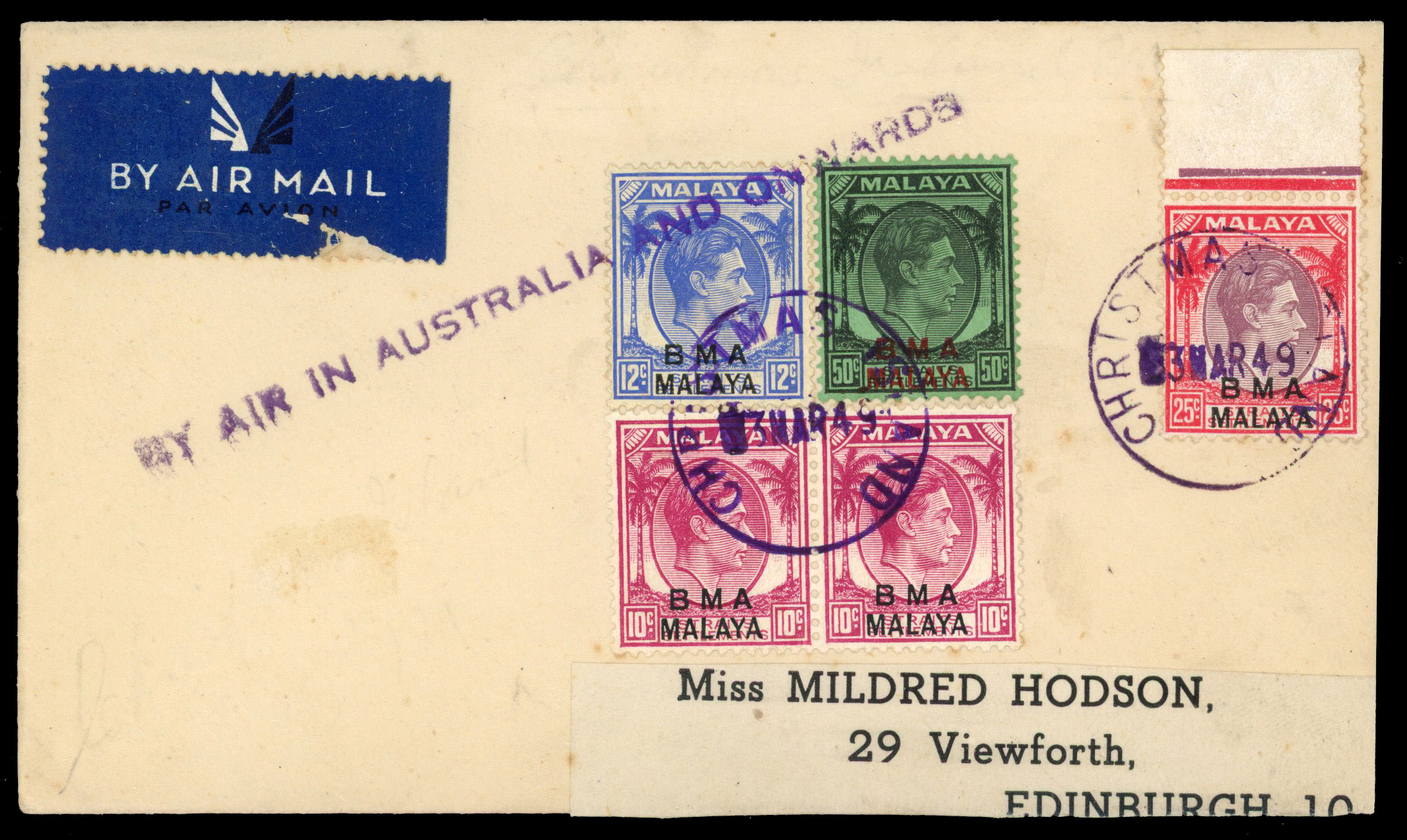Malaya BMA cover used at Christmas Island