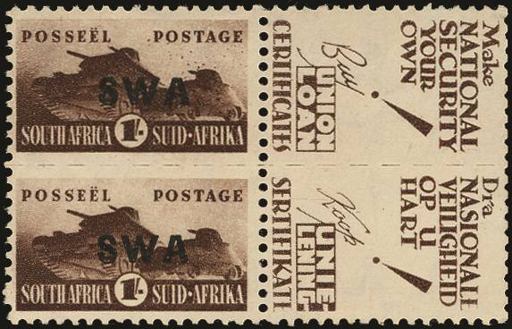SOUTH WEST AFRICA SG 130b 1943-44 WAR EFFORT 1s OPT TYPE 29 VAR BURSTING SHELL U/M