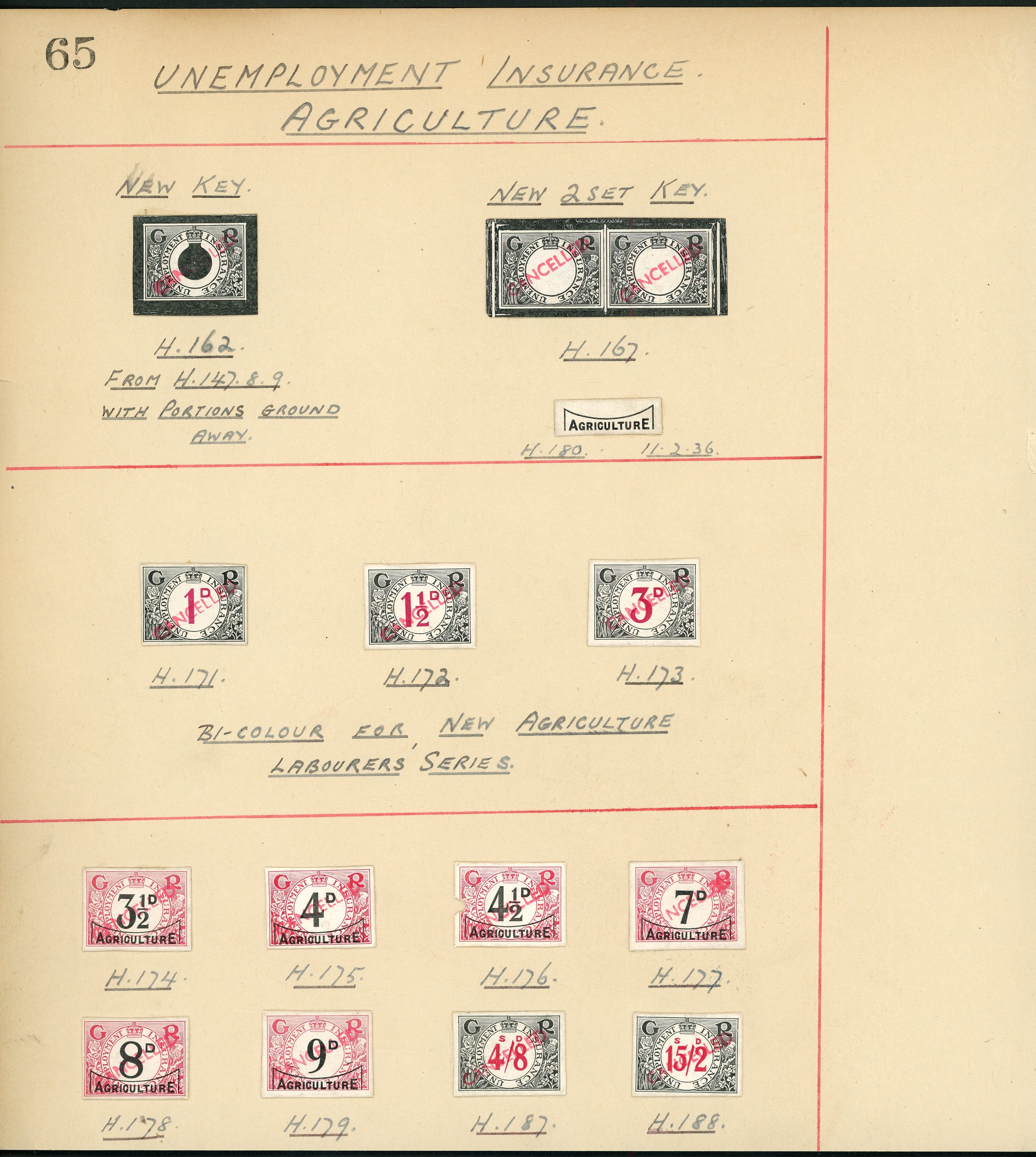 GB Agricultural Unemployment Insurance: Ledger page (225 x 237mm) with 15 Die Proofs
