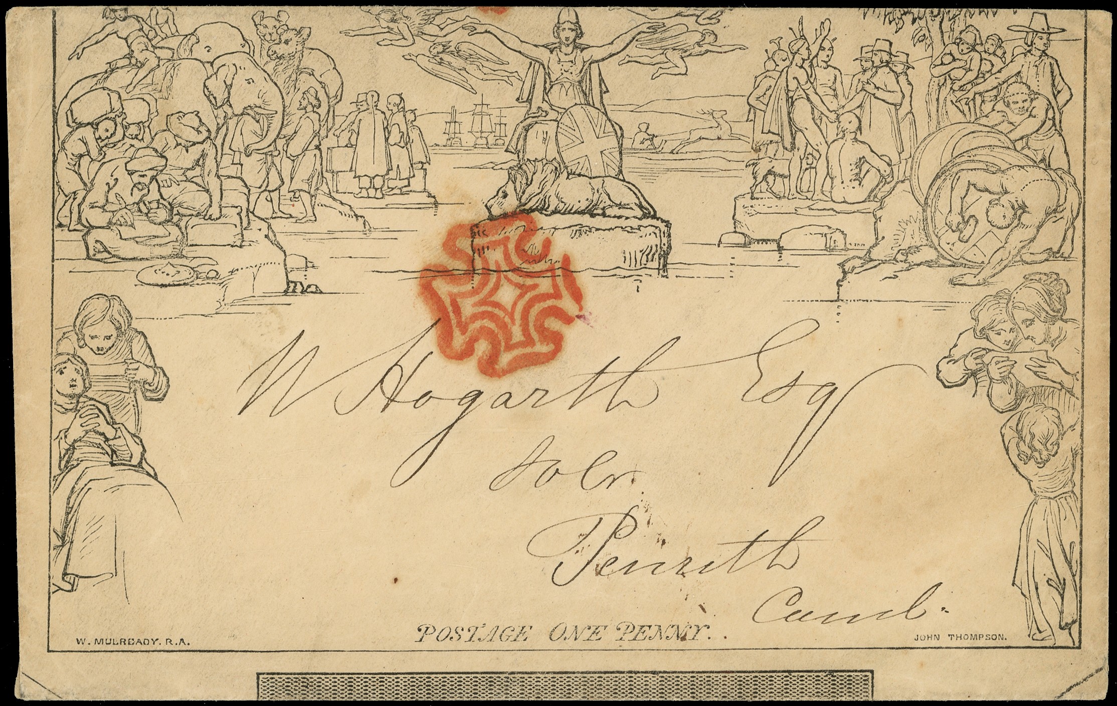 1840 1d black Mulready envelope, stereo A144, forme 2m, London to...