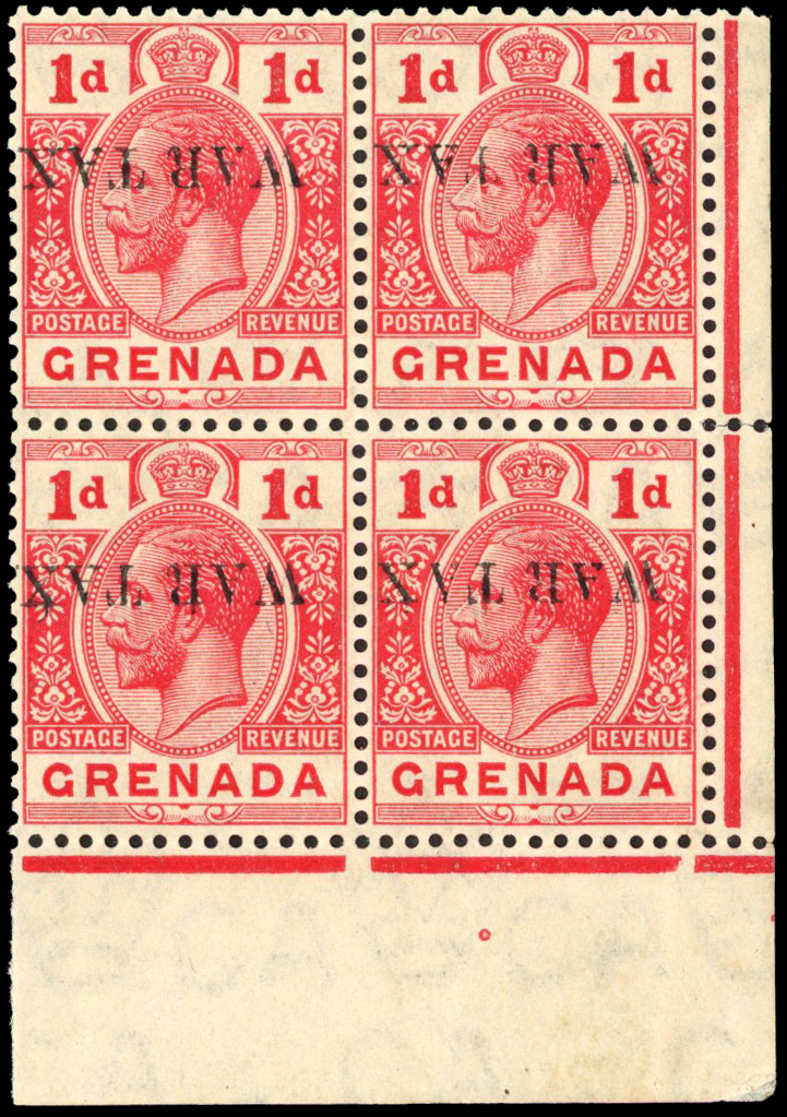Grenada SG 109a 1916 War Tax 1d error overprint inverted block of 4 unmounted
