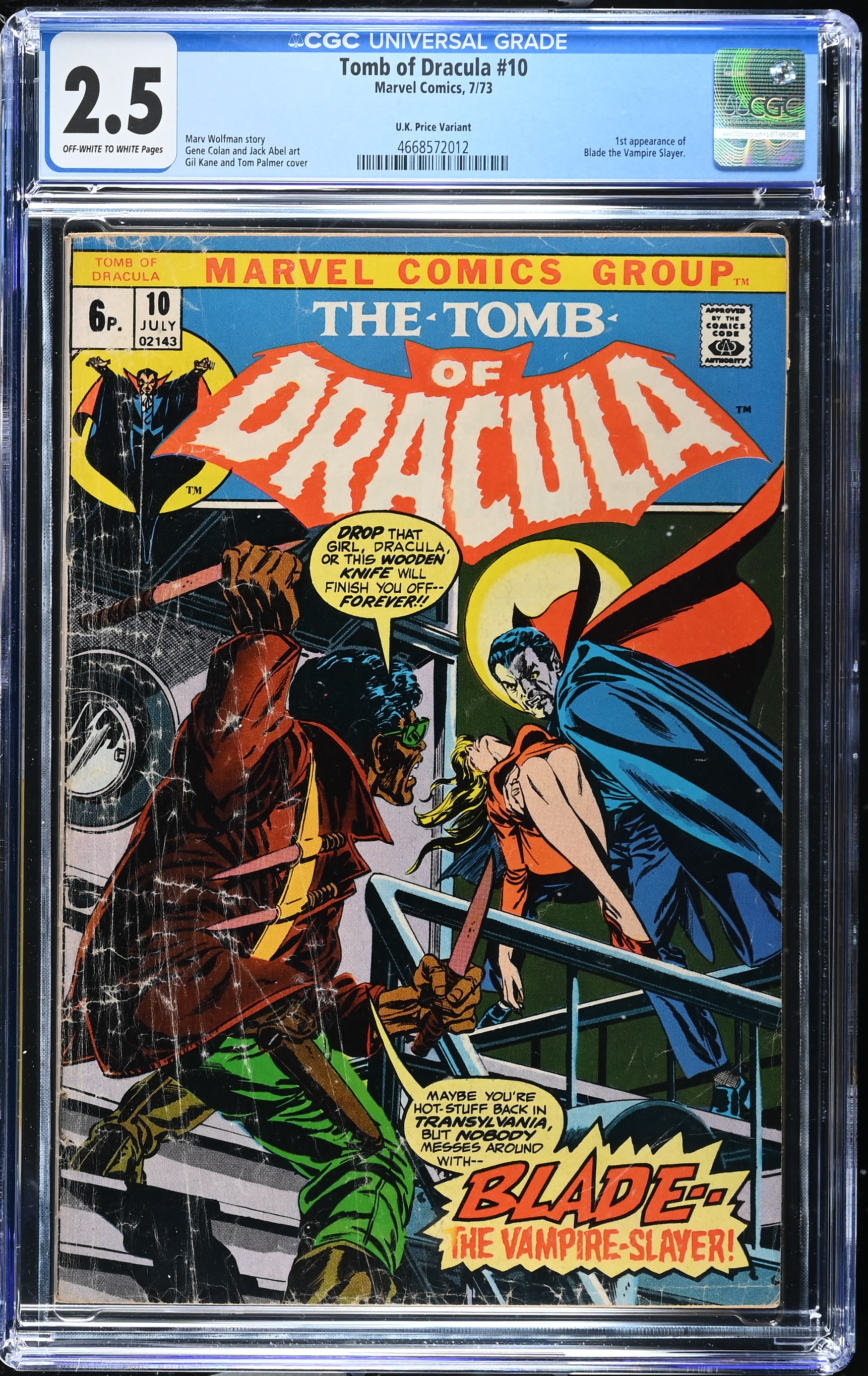 Tomb Of Dracula #10 CGC 2.5 1st Appearance of Blade (Marvel Comics, 1973) Off-White to White Pages