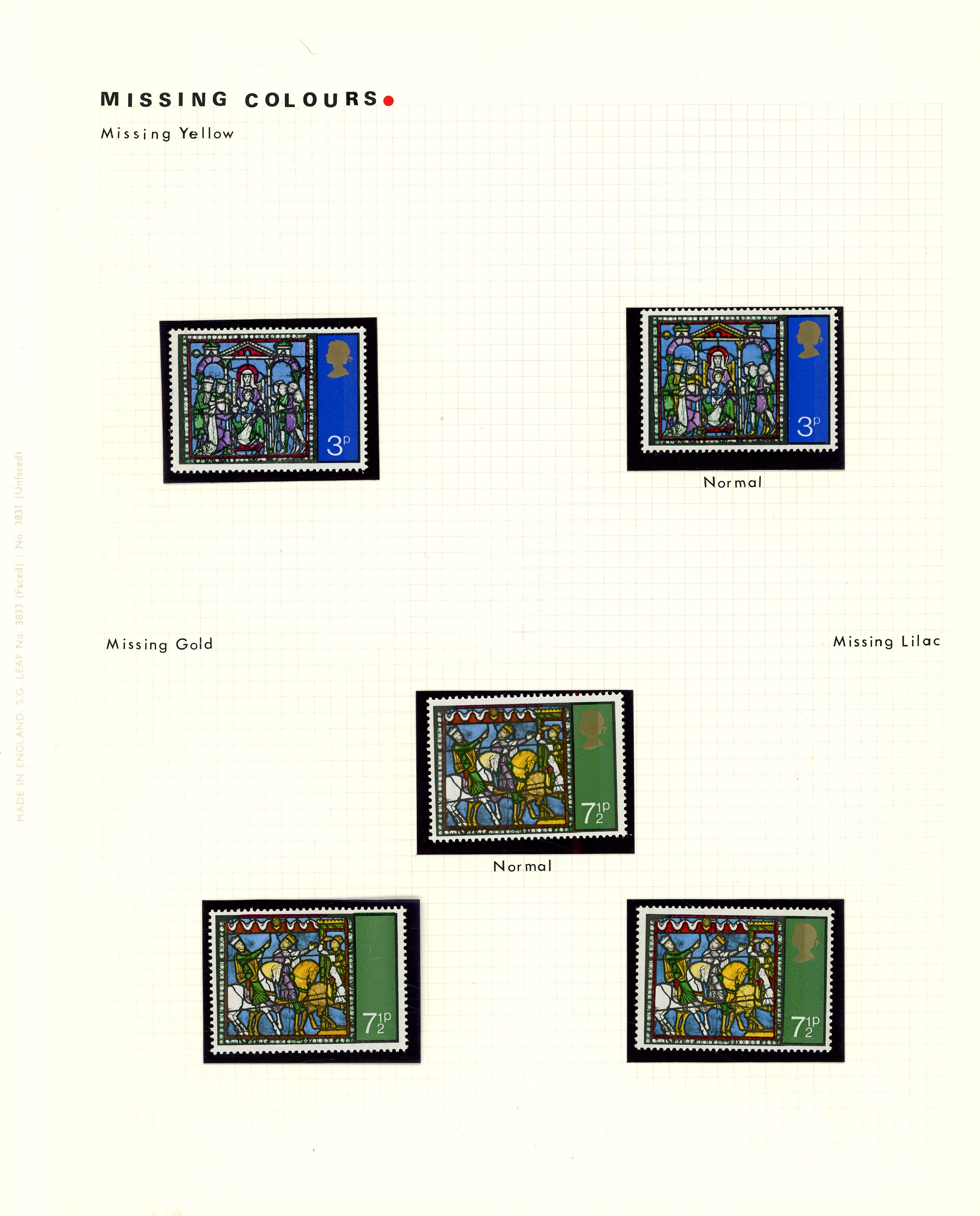 GB: 1971 Christmas 3p lemon (window panels) omitted, 7½p gold (Queen's head) omitted and 7½p lilac omitted,