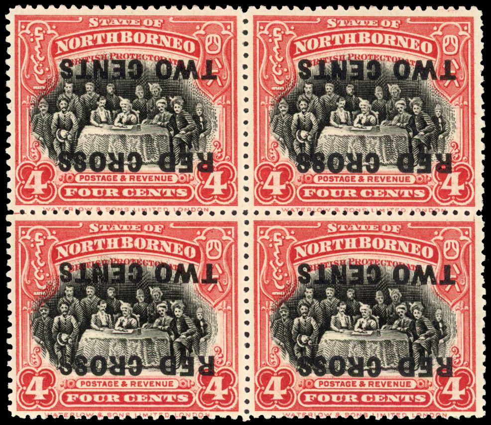 North Borneo SG 218a 1918 Red Cross 4c+2c block of 4 error surcharge inverted mint