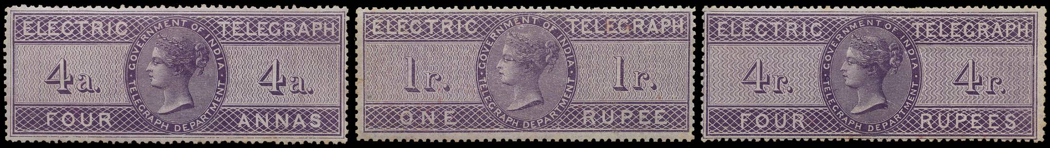INDIA SG T1/3 1860 (Jan) "ELECTRIC TELEGRAPH" 4a,1r, 4r reddish purple, set of 3, lpog
