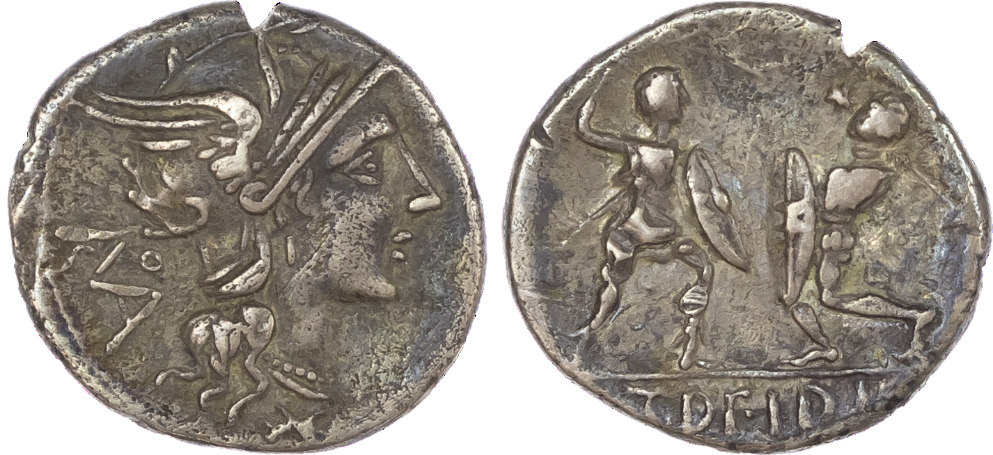 T. Didius (113-112 BC) AR Denarius, Rome, 2.92g. Helmeted head of Roma facing right, ROMA (in monogram form) behind. Rev.