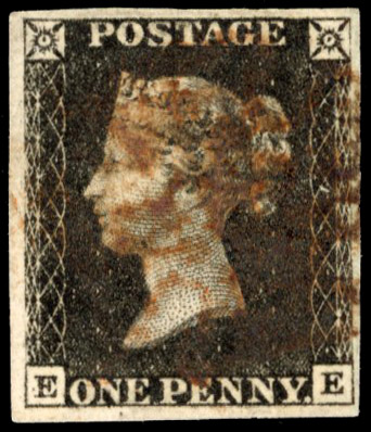 1840 1d black, Plate 4 (EE) four margins, cancelled red-brown MC SG2