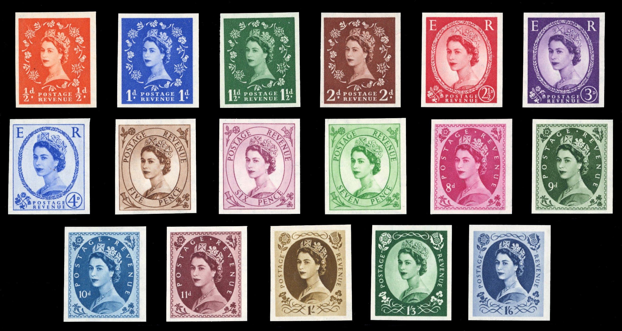 GB 1952-54 ½d to 1s6d, wmk Tudor Crown, set of 17 imperforate imprimaturs with "BPMA" handstamps on rev… SG 515/531 vars