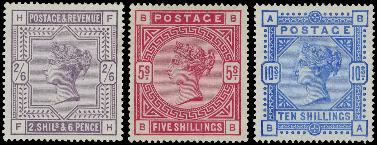 Great Britain 1883-84 2s6d (FH), 5s (BB) and 10s (BA), large part og
