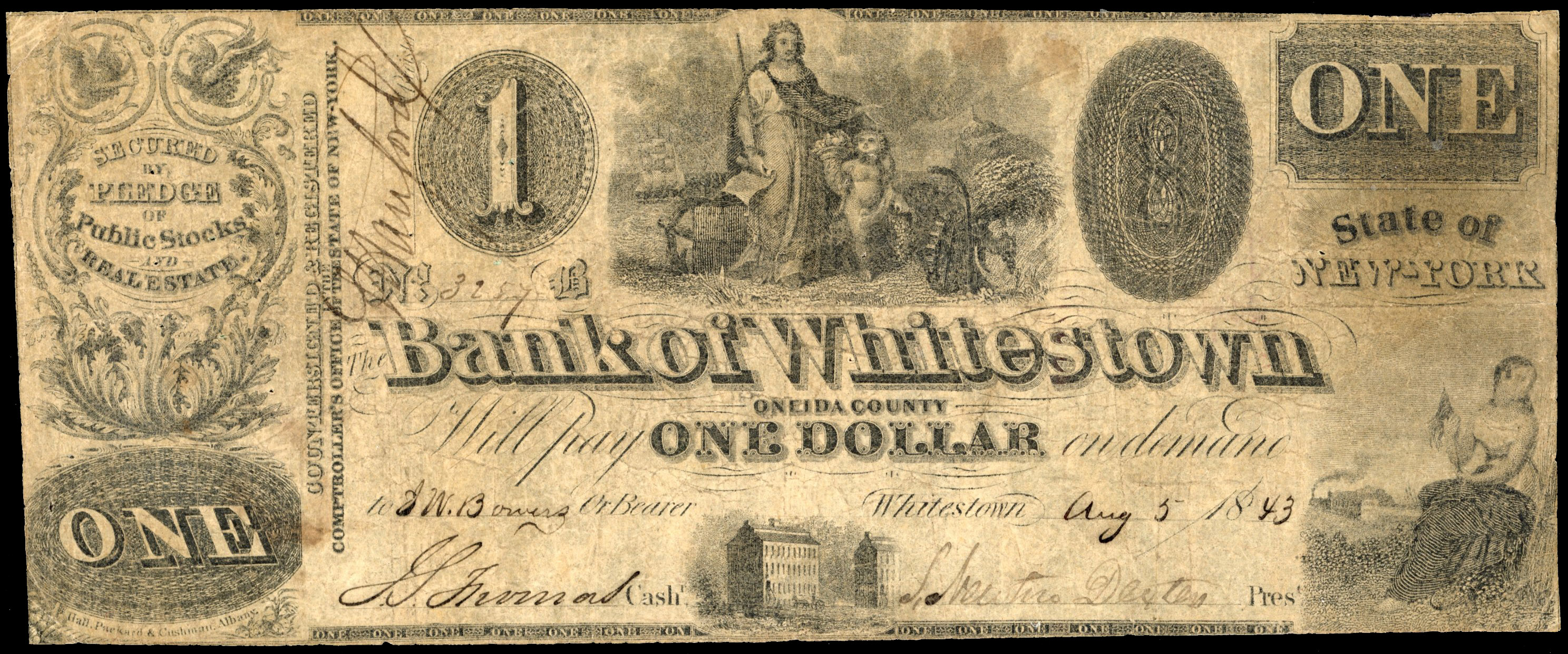 USA, NY. Whitestown, Bank of Whitestown, Uniface One Dollar, 5 Aug. 1843. Good Fine, complete. Excessively rar…