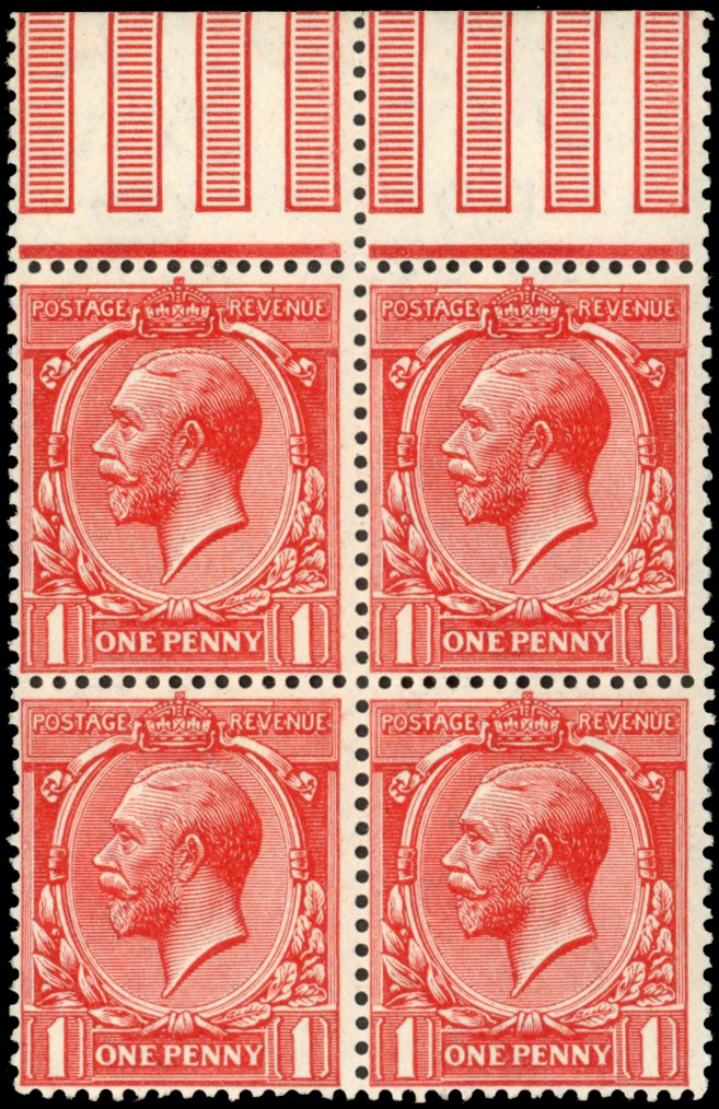 GB: 1912-24 1d deep brick-red, mint marginal block of four
