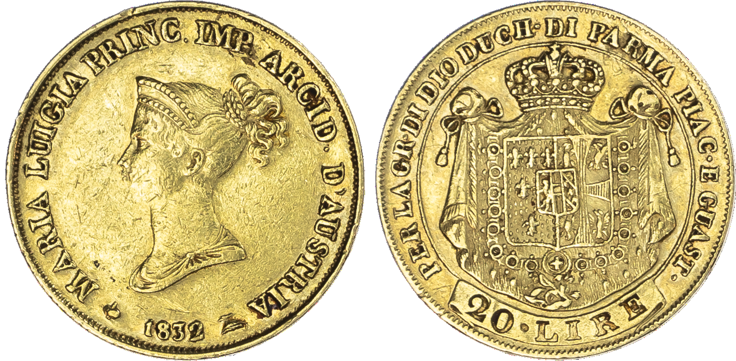 Italy, Parma, Maria Luigia (1815‑1847), gold 20 Lire, 1832, Milan, 6.42g.