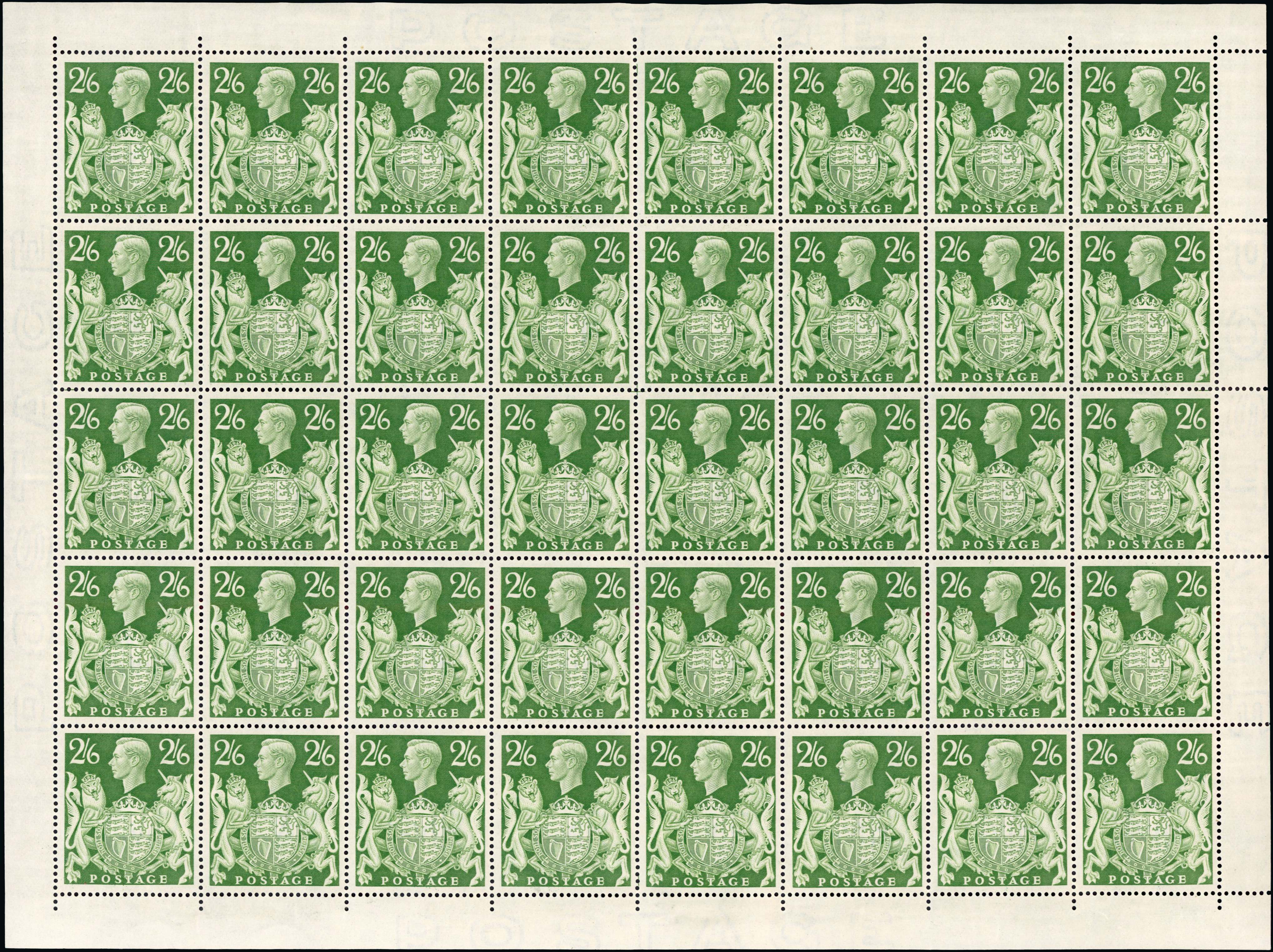 1942 2s6d Yellow-green mint sheet (SG476b)