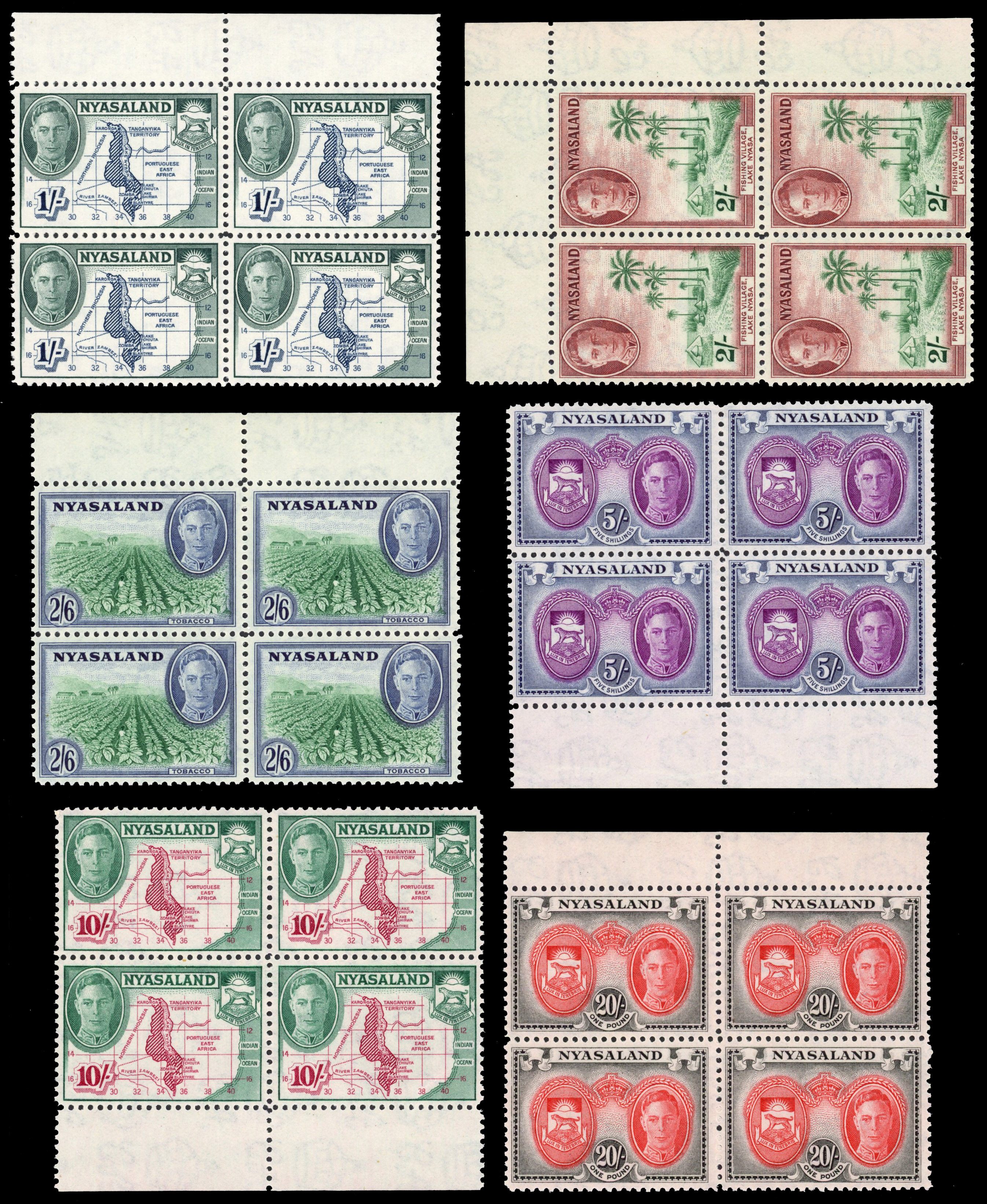 Nyasaland SG 144-157 1945 set blocks mint