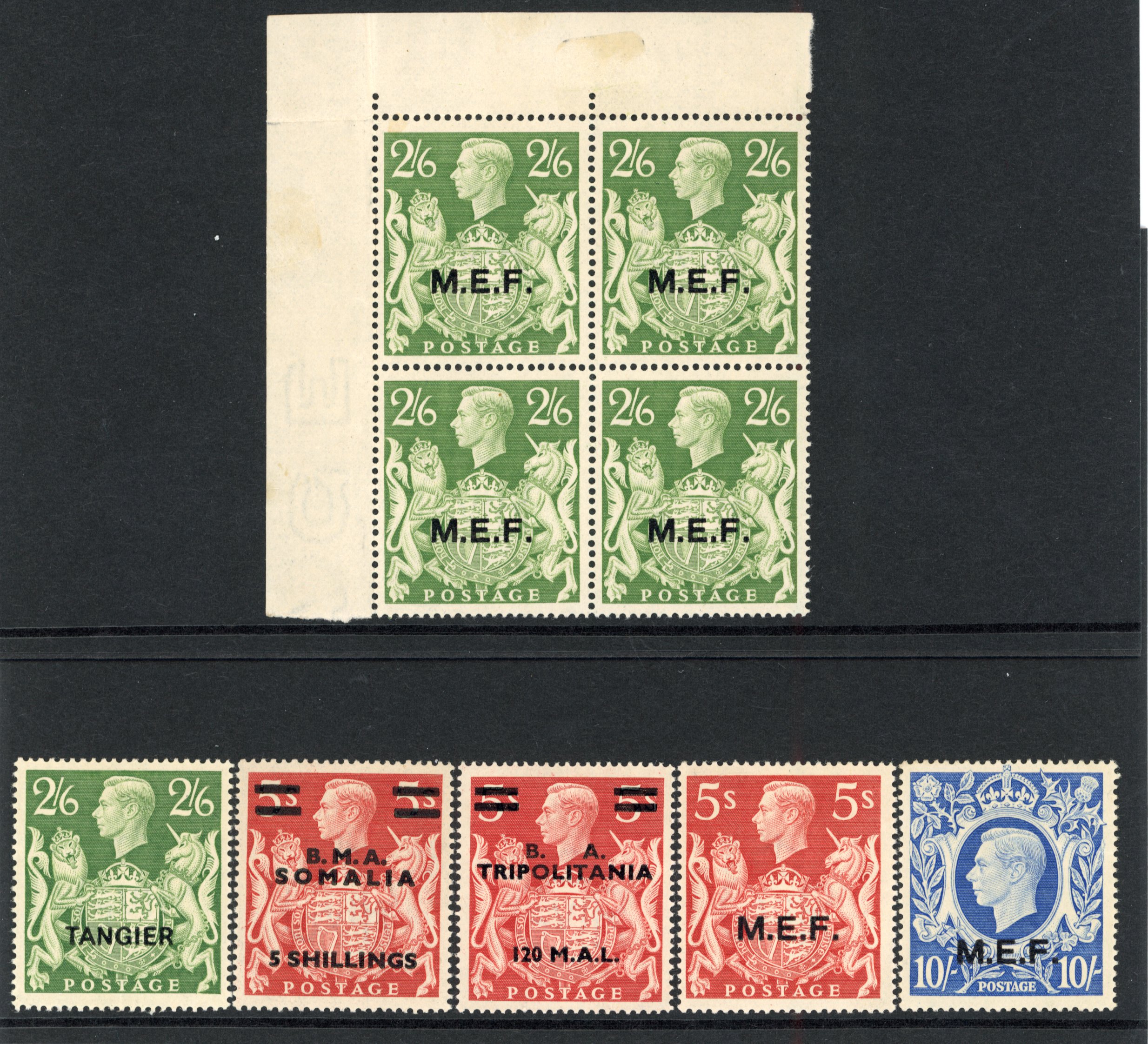 1939-48 2s6d-10s ‘Arms’ High value. Fine group of six overprinted and varieties
