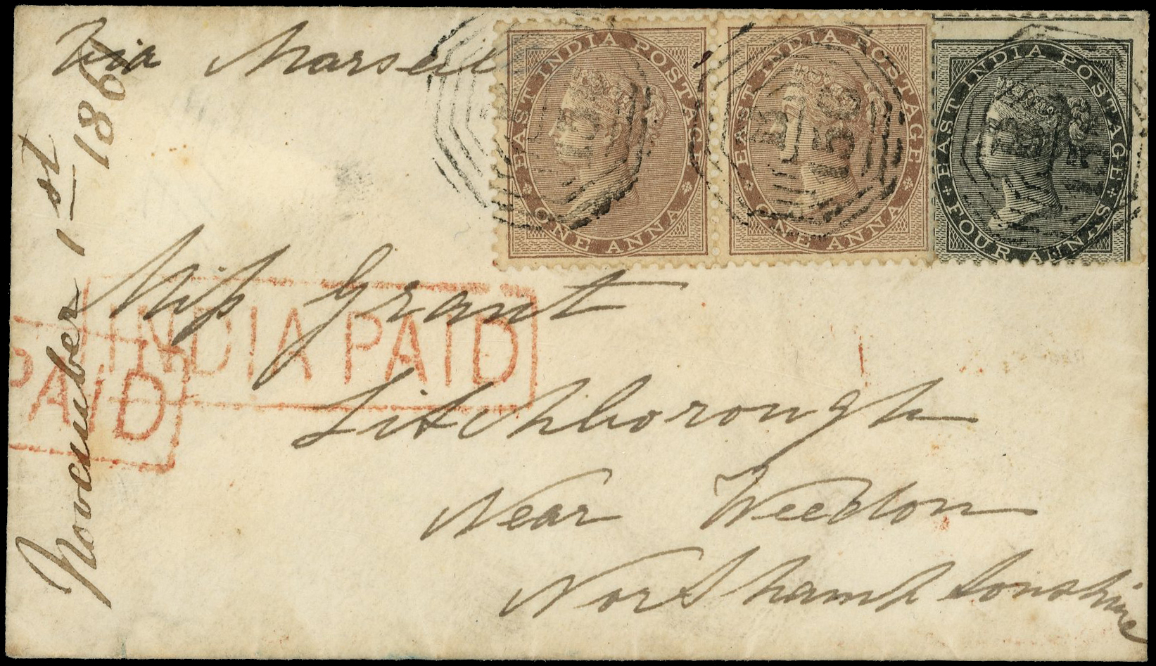 BURMA: 1861 (22 Aug) small and attractive envelope to Weedon ‘via Marseilles’ in m/s with India 1a pair and 4a