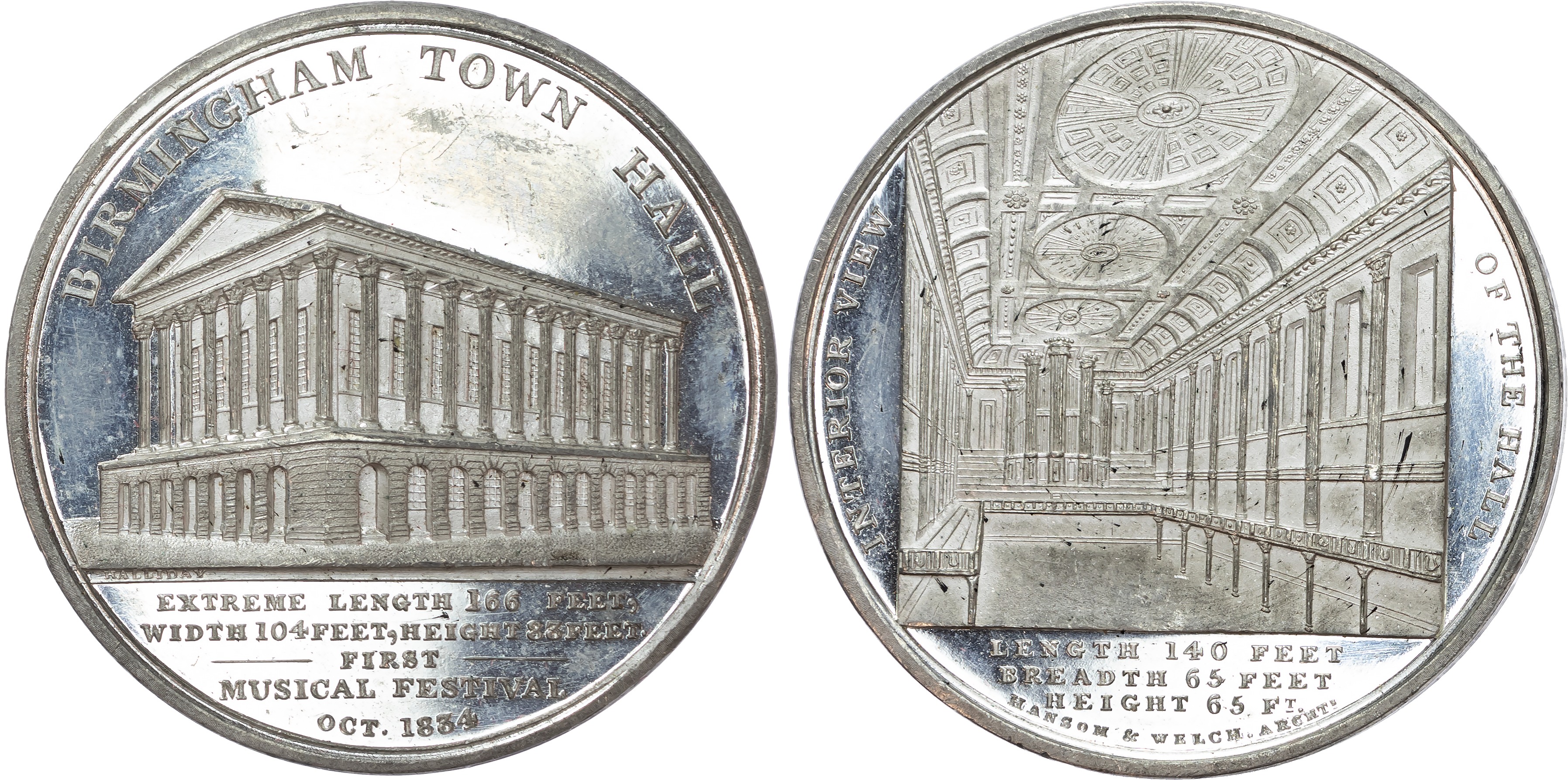 Birmingham Music Festival, white metal medal (48mm/47.30gm), 1834, by T. Halliday. 