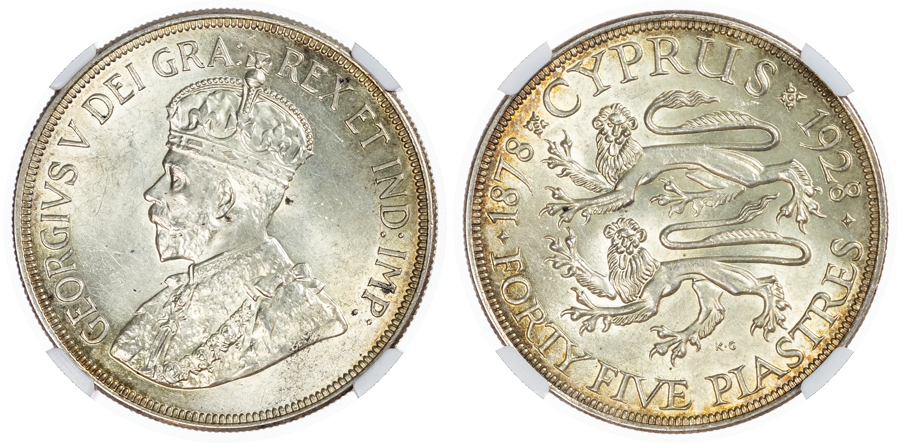 Cyprus, British Colonial. George V AR 45 Piastres. 1928. 