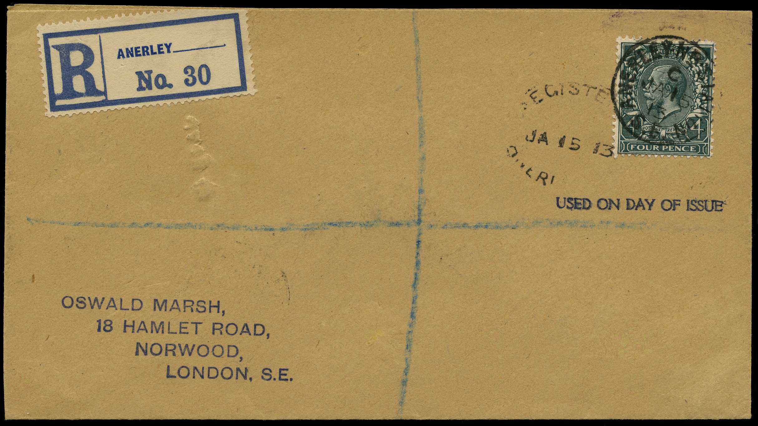 1912-24 4d grey-green tied by Anerley...