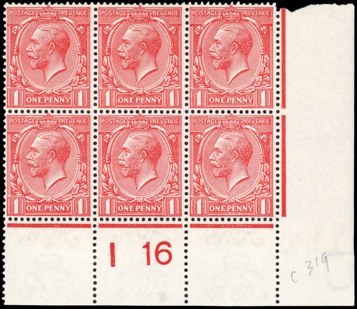 GB: 1912-24 1d rose-red, mint control I16 block