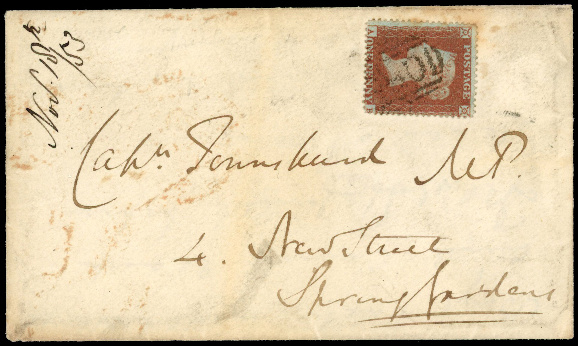 1850 1d Red brown "Archer" Pl.94. used on cover