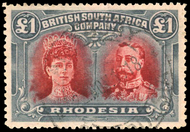 Rhodesia 1910-13 £1 rose-scarlet and bluish black perf 14