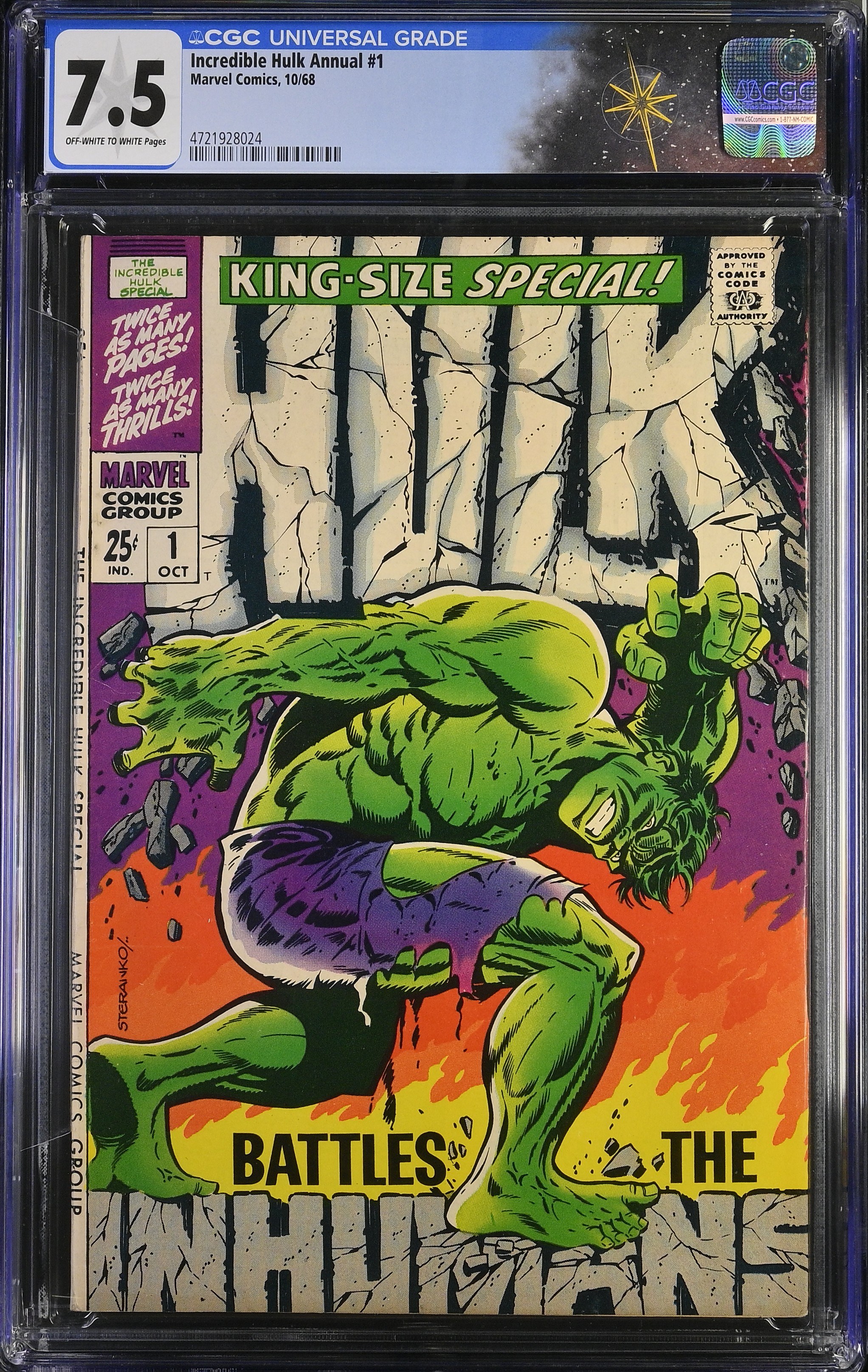 Incredible Hulk Annual #1 CGC 7.5 "A Refuge Divided!" Classic Cover (Marvel Comics, 1968) Off White to White Pages