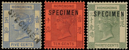 1891 10c purple on red paper and 30c greyish green , each overprinted SPECIMEN; the 10c unmounted, the 30c large part o.g. ...