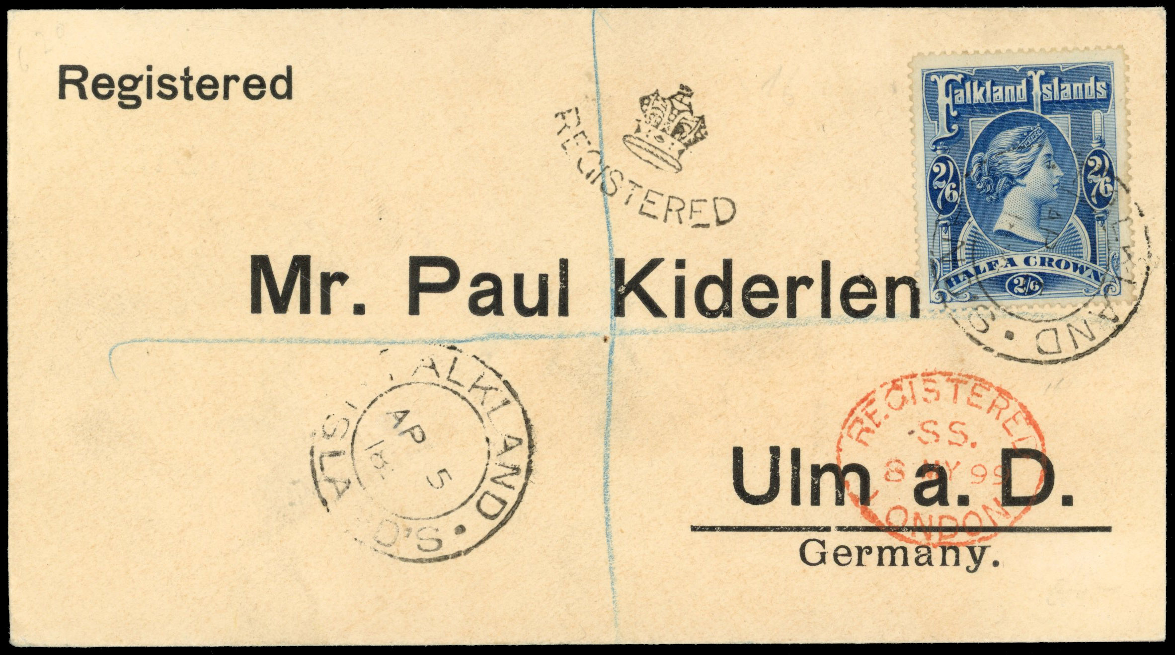 Falkland Islands SG 41 1899 2s6d deep blue cover to Germany