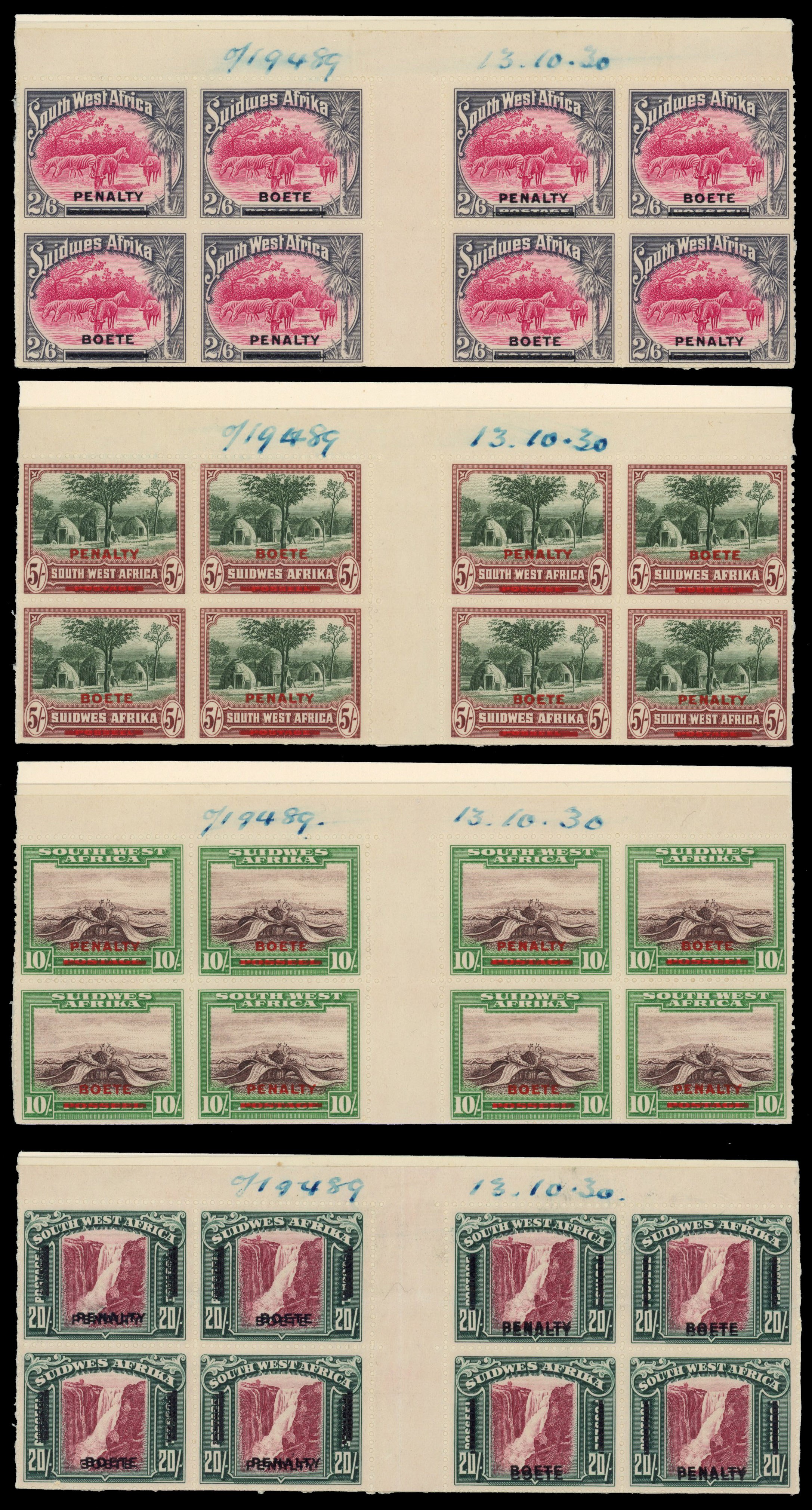 South West Africa 1931 revenue set of 7 opt Penalty ex printer's archive