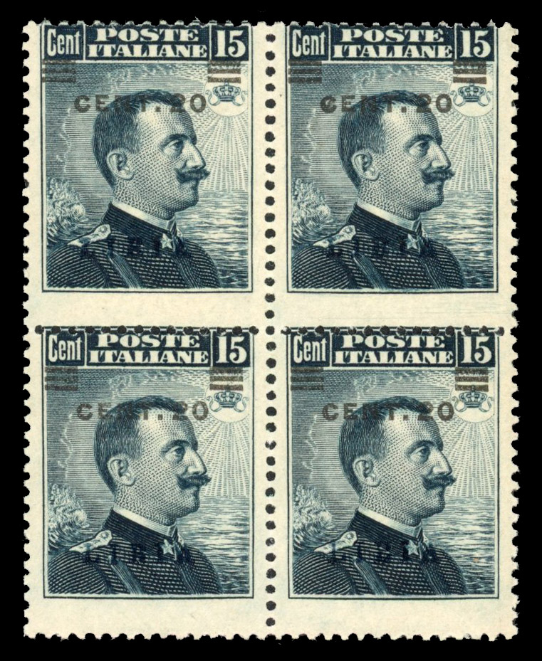 Italian Colonies Libia 1916 20c on 15c  Michetti block of 4 surcharge misplaced