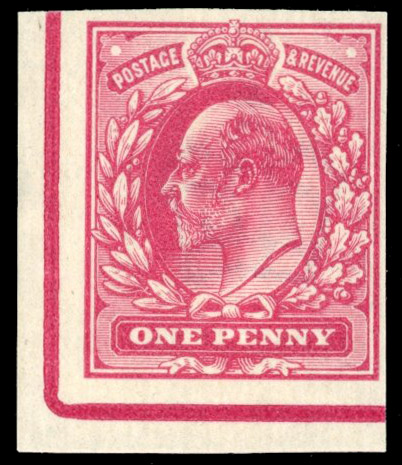 GB: 1906 1d imperforate colour trial in deep carmine, from the lower left corner of the sheetlet, mint 