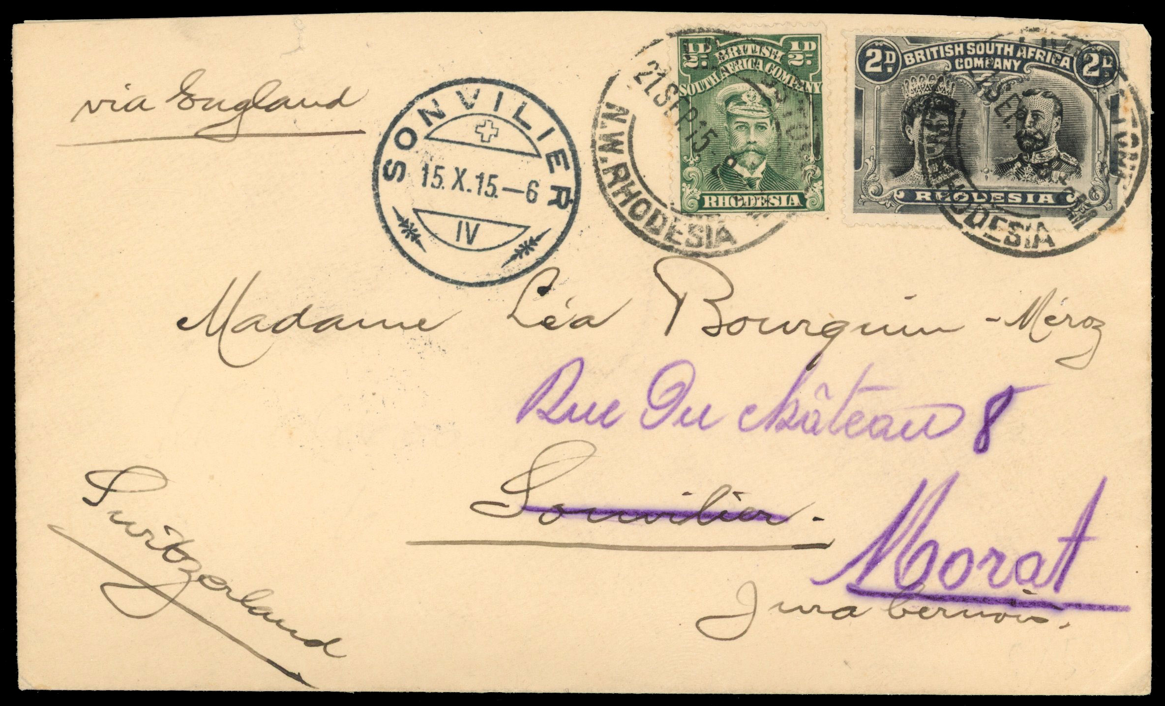 Rhodesia 1915 cover to Switzerland