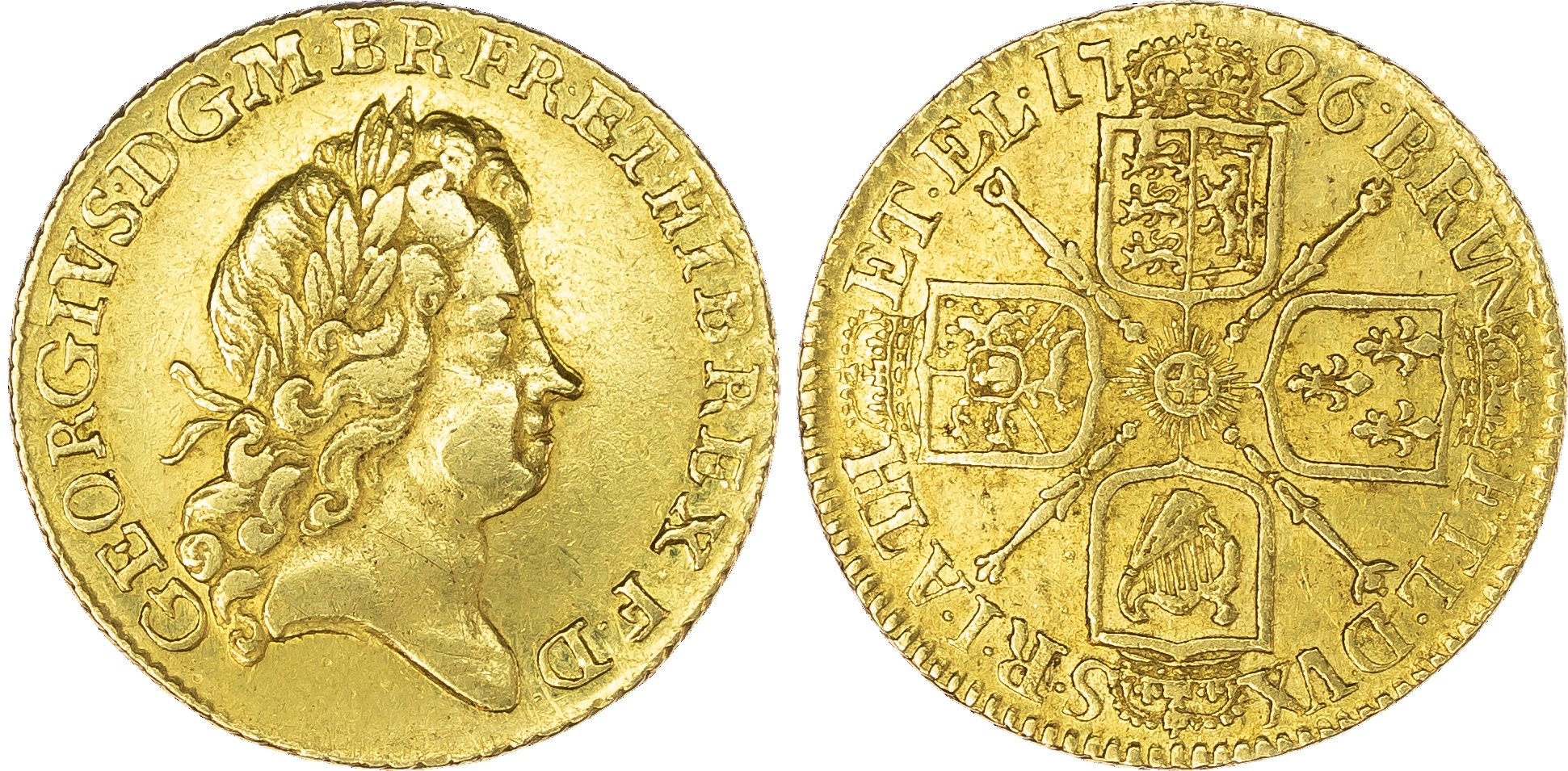 George I (1714-1727), Guinea, 1726, laureate bust right, reverse crowned cruciform shields, sceptres in angles (S.3633, EGC