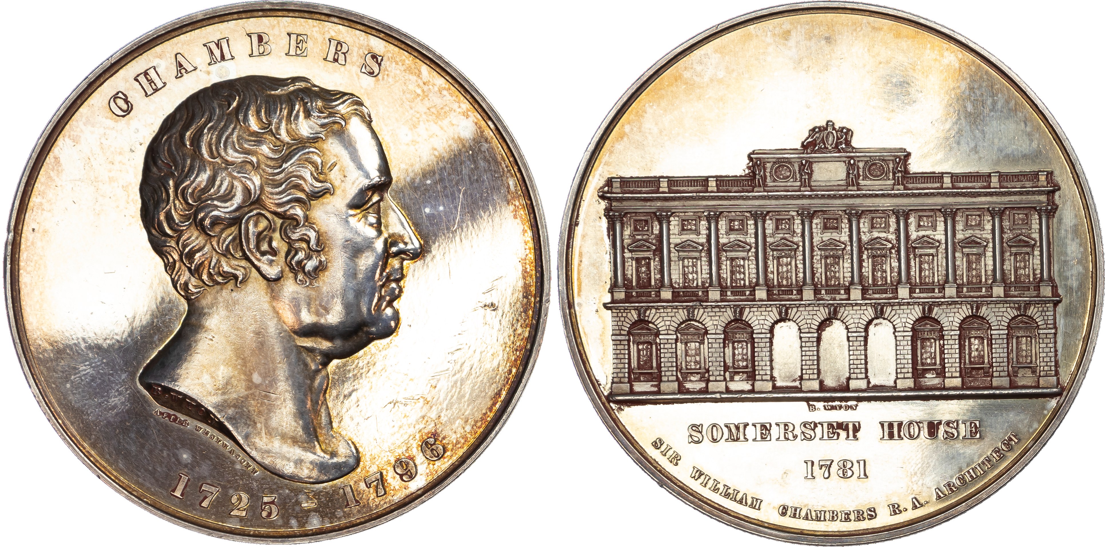 Sir William Chambers (1725‑1796), architect, silver medal (55mm/99.56gm) 1857 by B. Wyon for the Art Union of London Series.