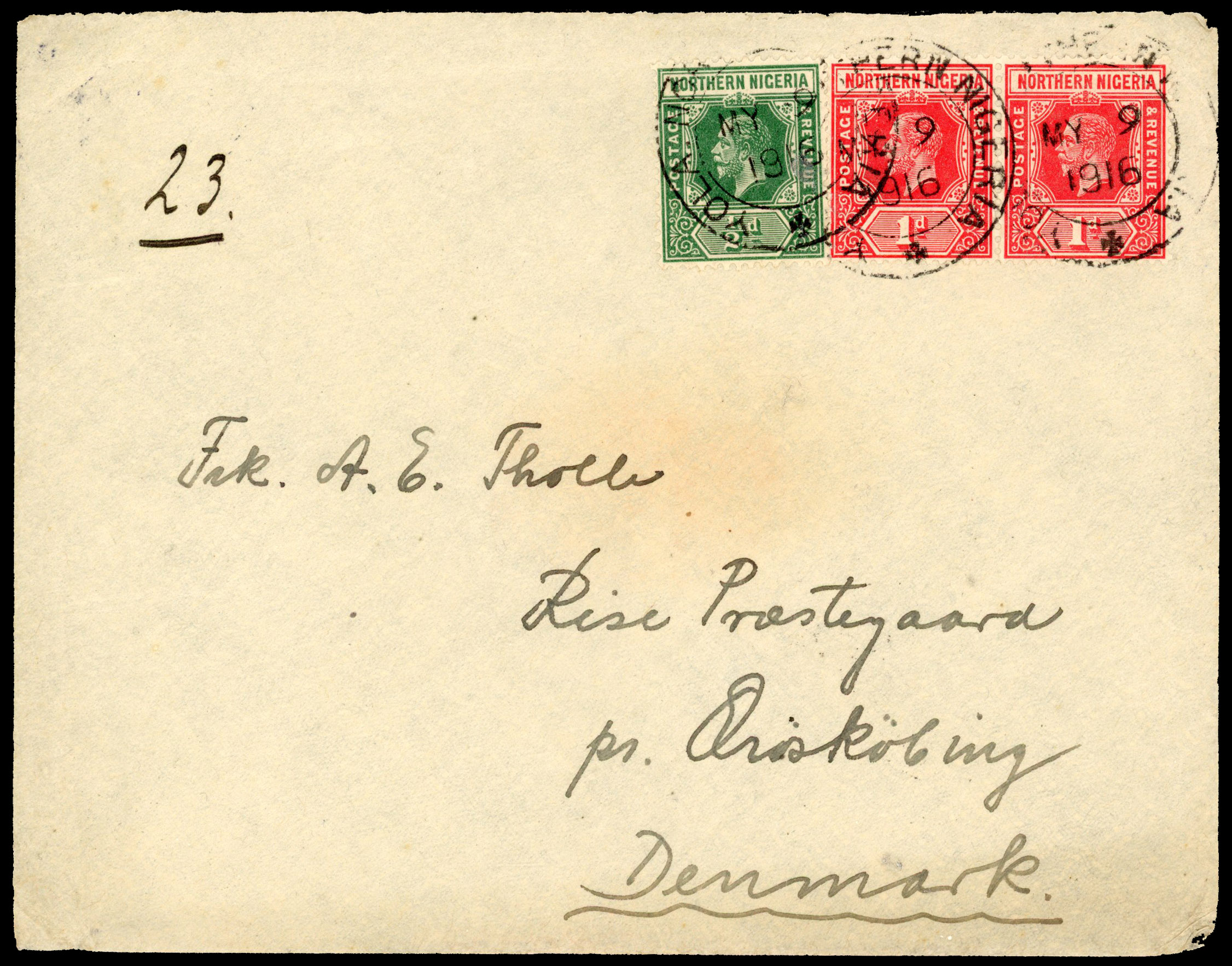 1916 cover to Denmark franked ½d and 1d pair tied ‘YOLA/NORTHERN NIGERIA/MY 9 1916’d/r cds. ADDED TO R2000893/26