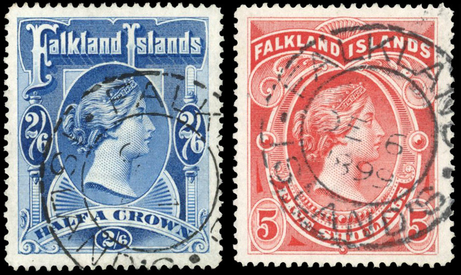 Falkland Is SG 41-2 1898 2s6d and 5s used