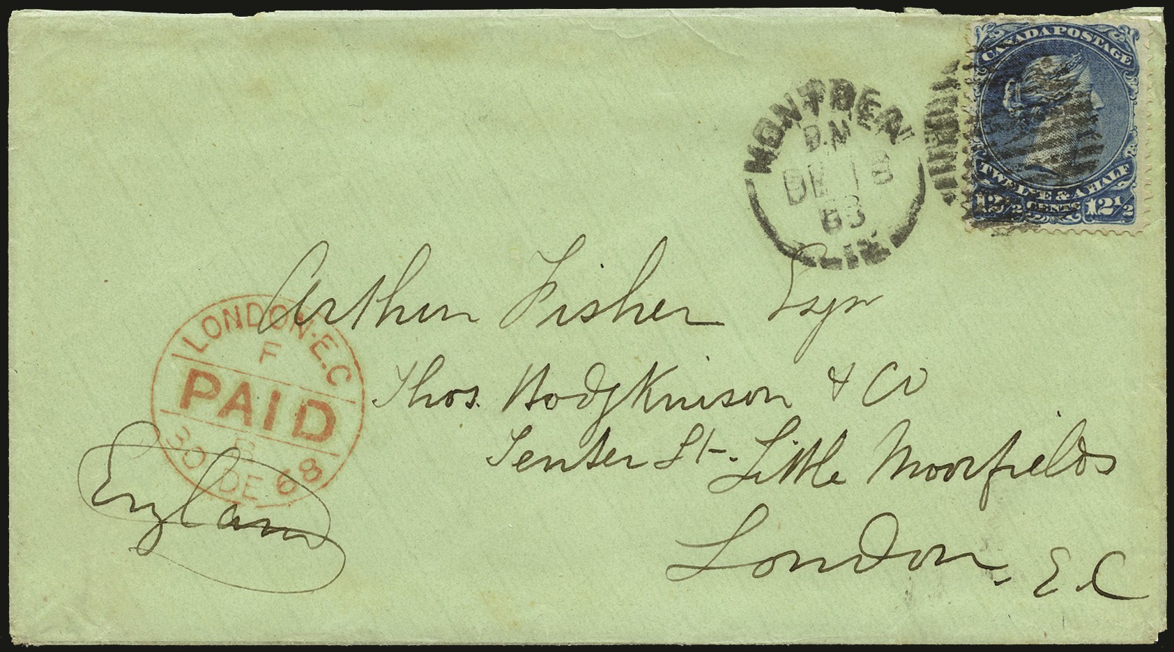 1868 (DE 18) cover from Montreal to England,...
