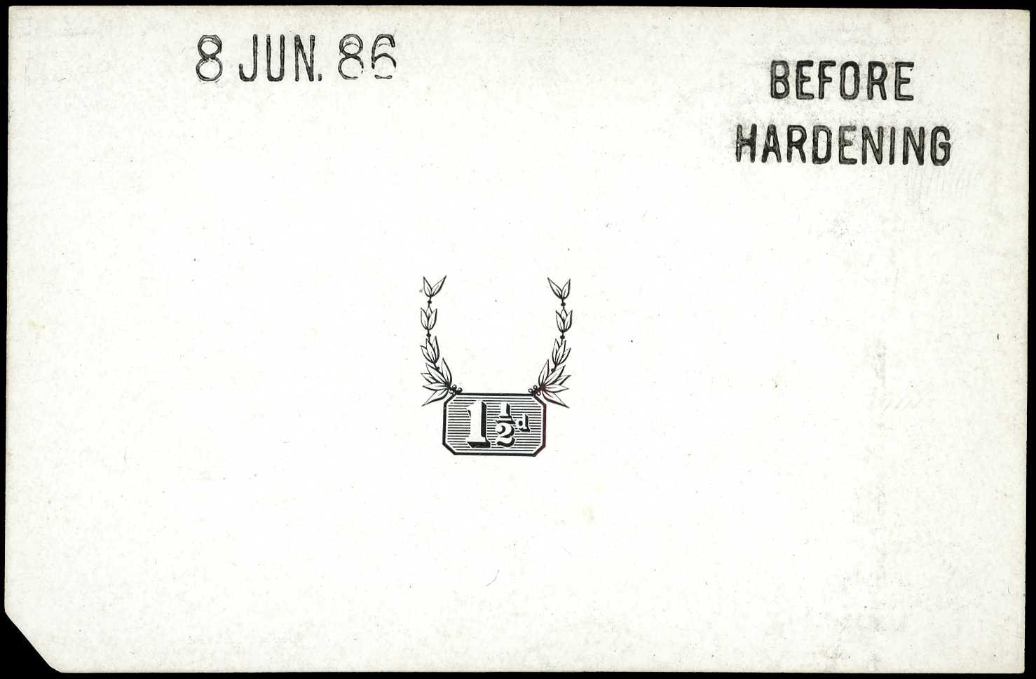 1887 1½d Duty Die Proof in black on glazed...