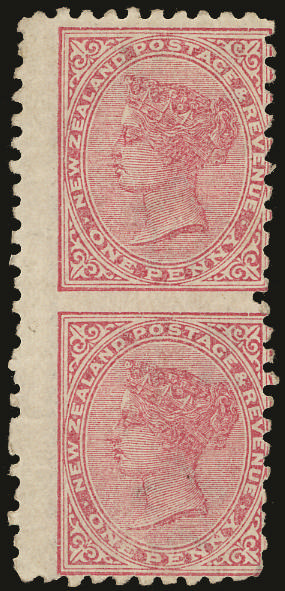 New Zealand 1882 1d rose, wmk 12b, perf 10, vert pair, ERROR IMPERF BETWEEN, SG 218c Mint