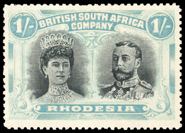 Rhodesia 1910-13 1s black and bright turquoise-blue perf 15