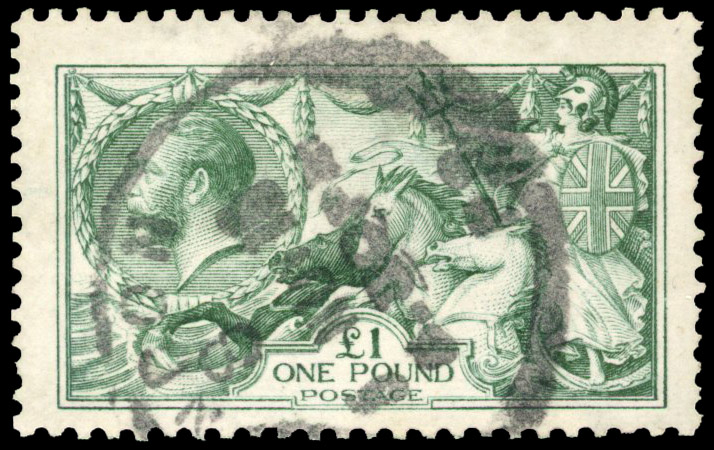 GB: 1913 £1 deep blue-green, centred to bottom, indistinct parcel cancel still a collectable used example. SG 404