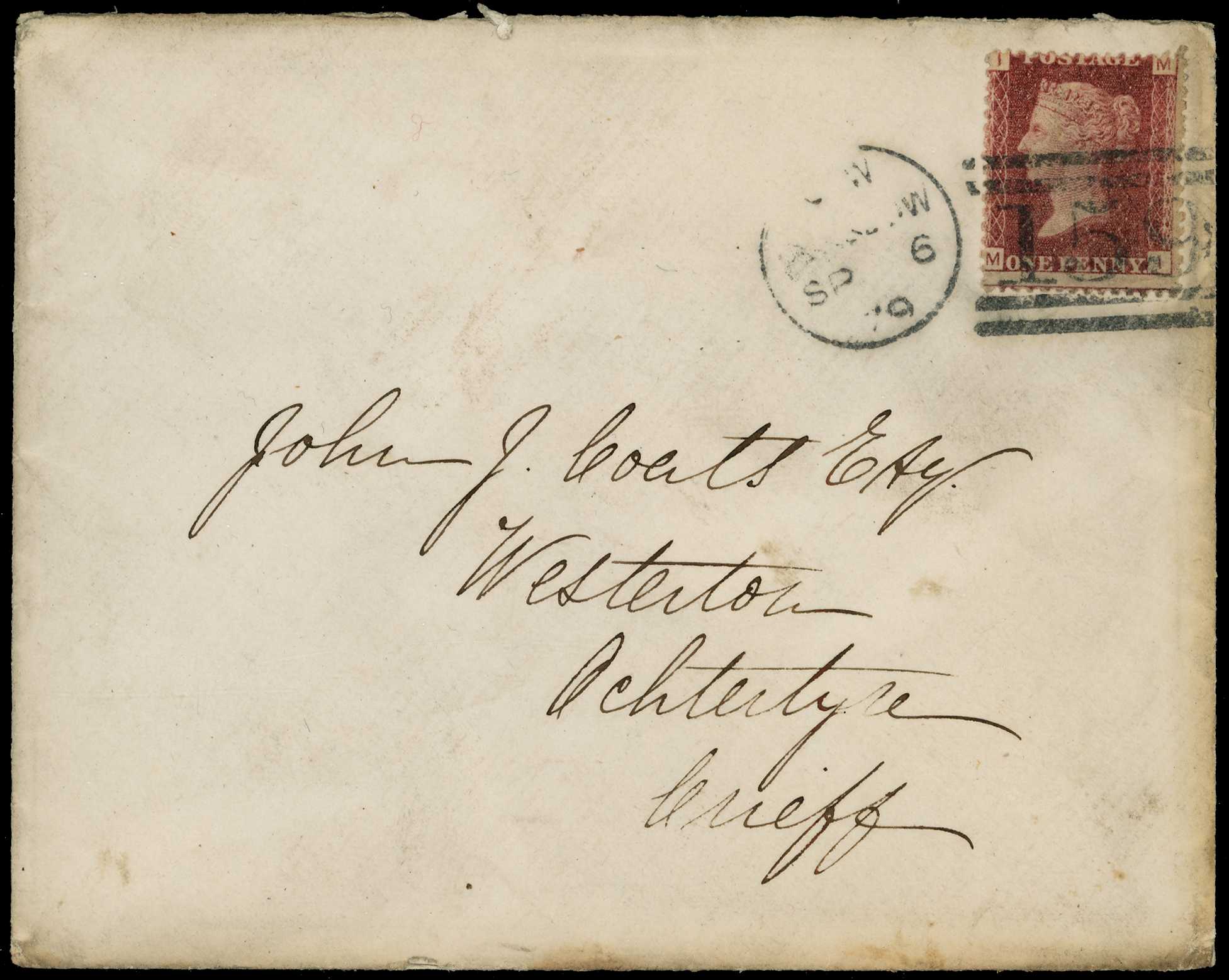 GB SG 43/4 1864-79 1d red Plate 225 on cover