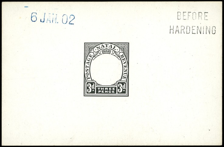 1902 Die Proof of 3d Duty Plate in black on glazed card 93 x 60mm, dated 6 JAN. 02 in blue and marked BEFORE HARDENING. ...