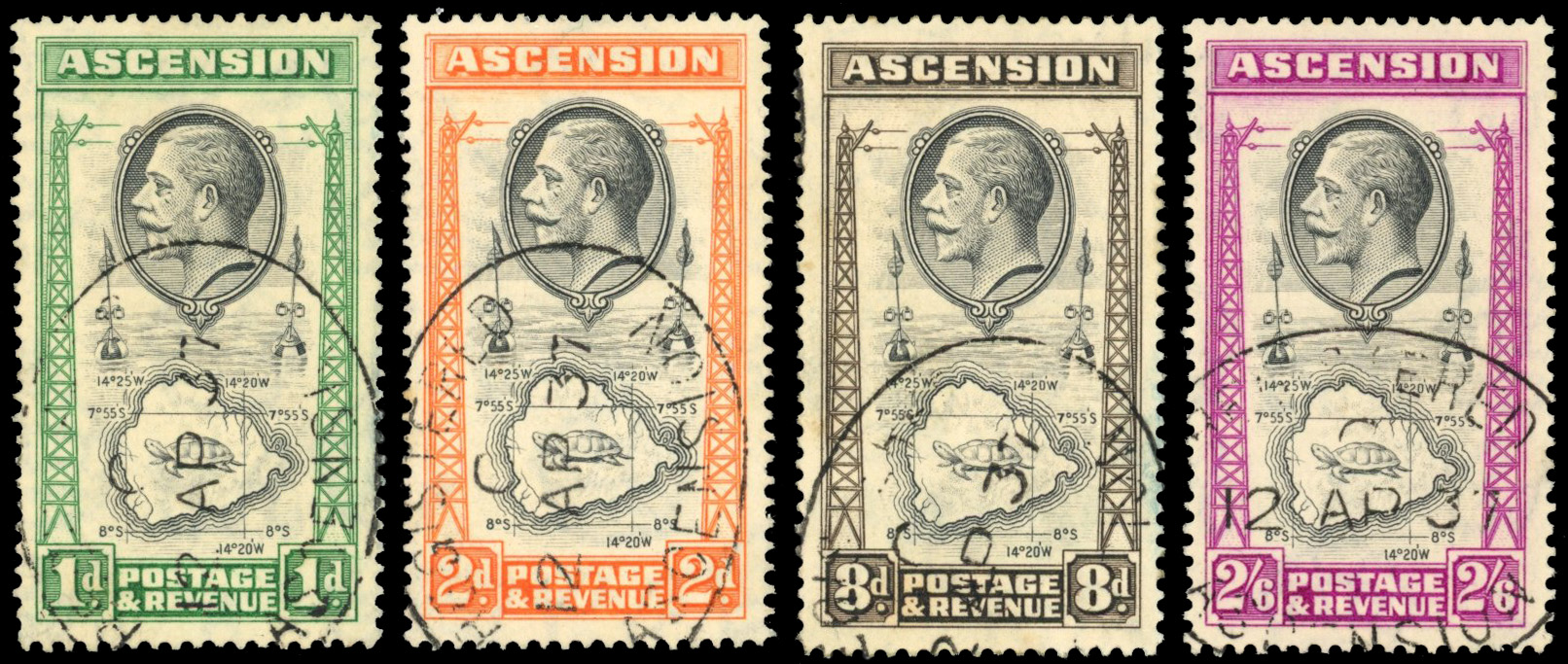 Ascension SG 22a/29a 1934 1d, 2d, 8d, 2s6d each with R4/5 'teardrop' used