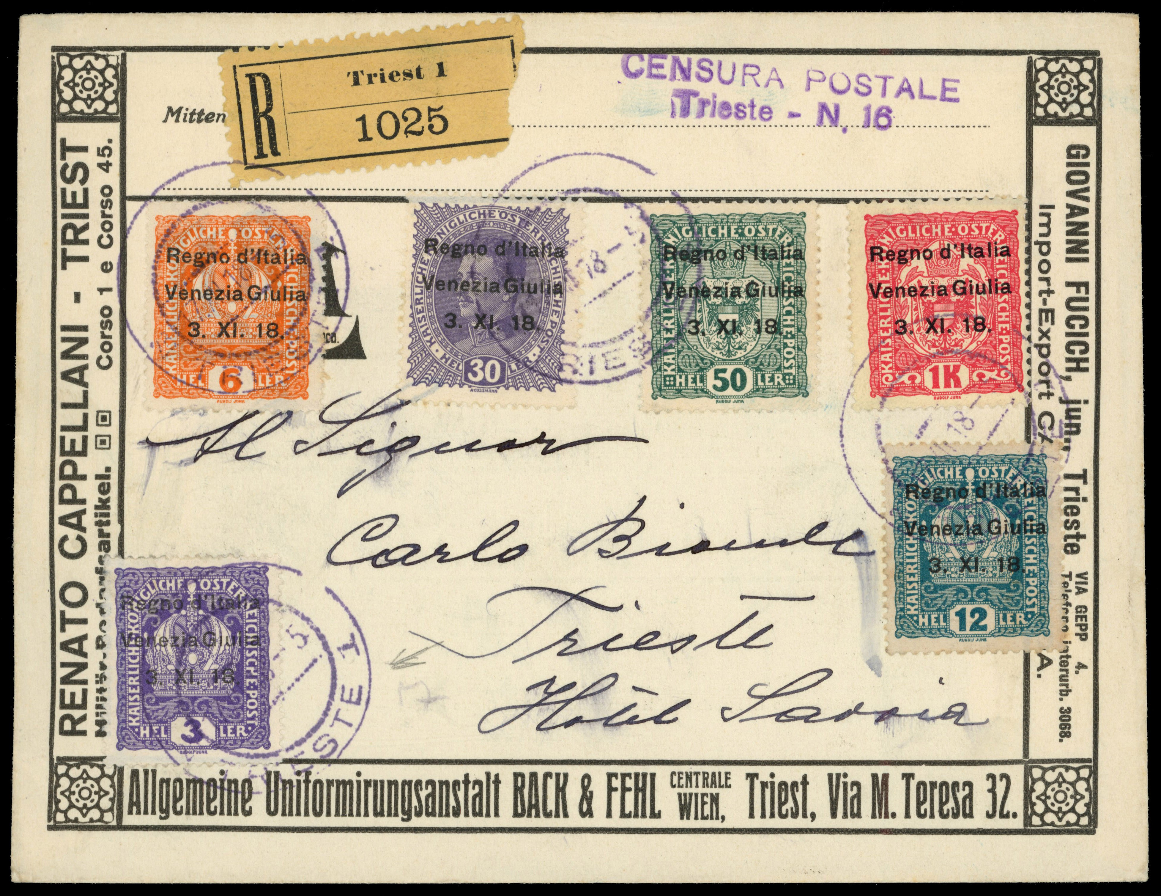 Italy:  Venezia Giulia 1918 registered internal Trieste commercial advertising cover to a Hotel f…