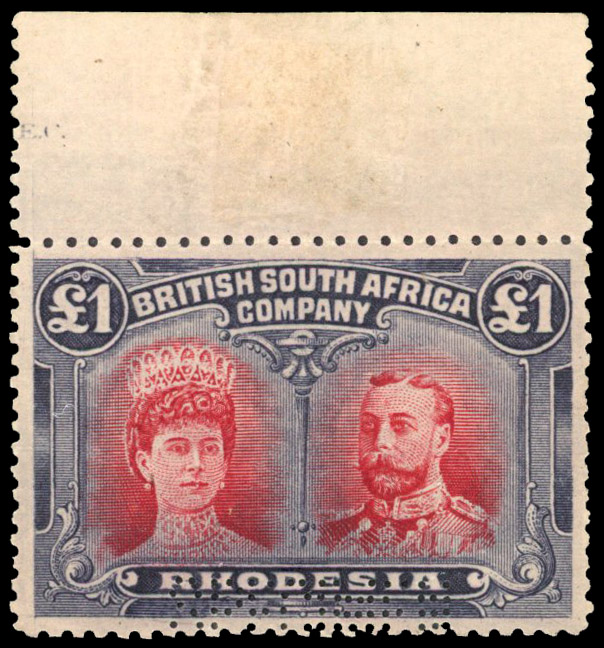 Rhodesia 1910-13 £1 rose-scarlet and bluish black perf SPECIMEN