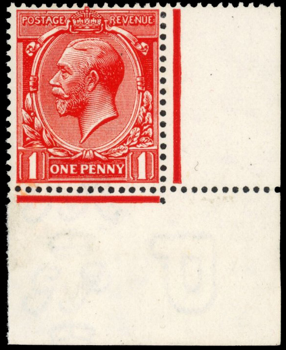 GB 1912–24 Royal Cypher 1d intense bright carmine-red, mint lower right corner example